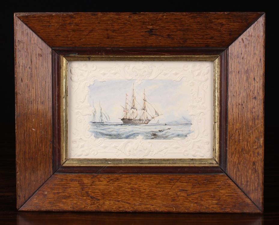 A Finely Painted Water Colour Seascape with sailing ships within a decorative embossed & cut paper