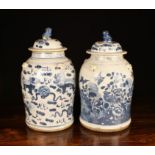 Two Vintage Chinese Blue & White Stoneware Temple Jars with relief moulded animal face masks to the
