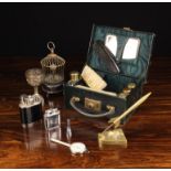 A Group of Miscellaneous: A vintage travelling vanity case with brass backed hair & clothes brushes,