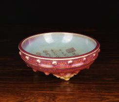 A Chinese Shallow Bowl with incised calligraphy to the turquoise glazed interior and dripped sang