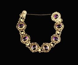 A Pretty 9 Carat Gold Bracelet set with amethyst cabochons and seed pearls. Approx.
