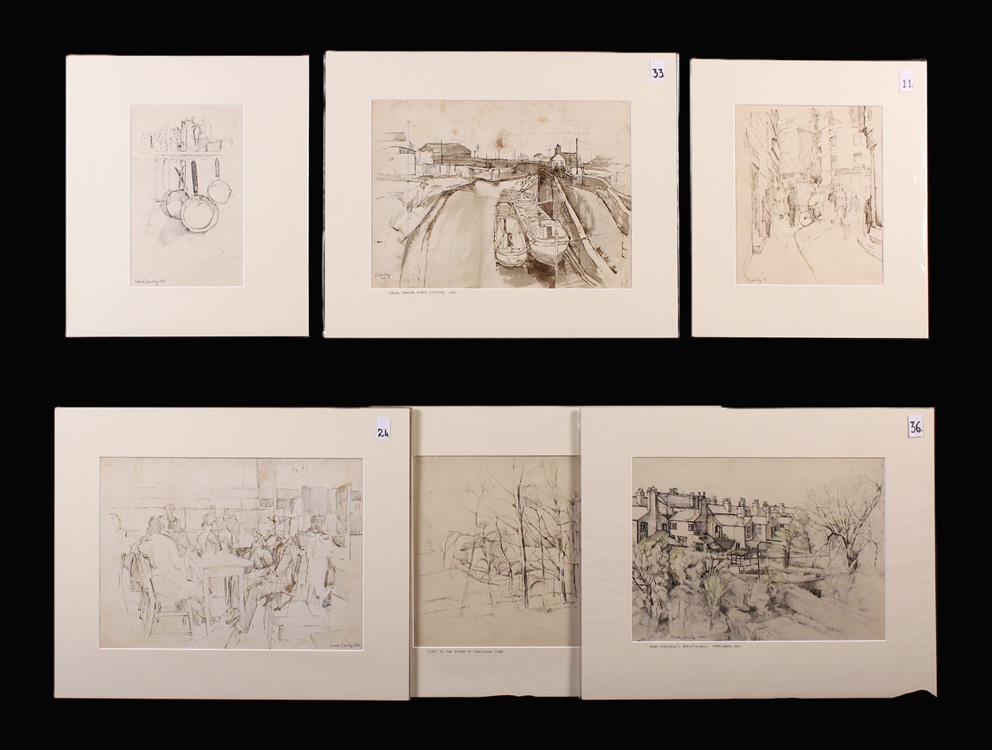 Frank Lawley. Six mounted Ink Drawings: An interior scene with figures dated 1962.