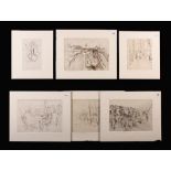 Frank Lawley. Six mounted Ink Drawings: An interior scene with figures dated 1962.