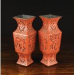 A Pair of Antique Chinese Cinnabar Lacquered Vases of square baluster form (A/F) 10" (25.