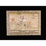 A Fine 19th Century Chino/ Persian Gouache Painting on Silk depicting a boar hunt,