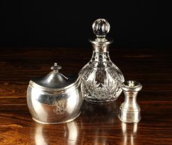 A Scottish Silver Sugar Box, A Silver Pepper Mill and A Silver Mounted Cut Crystal Decanter.