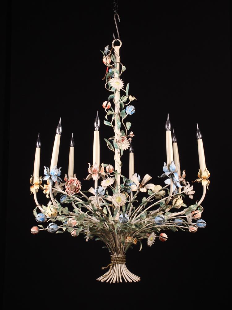 A Painted Vintage Sheet Metal Eight Branch Ceiling Light modelled as a collection of flowers. - Bild 2 aus 2