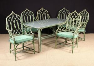 A Set of Six Green Painted Wicker-bound Bamboo Conservatory Armchairs with Gothic-arched backs with