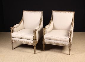 A Pair of Louis XVI Style Carved & Painted Armchairs.