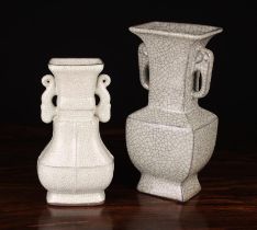 Two Chinese Celedon Crackle Glaze Vases of archaic form measuring 9" (23 cm) and 7¼" (18.