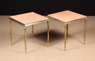 A Pair of Small Square Pink Onyx Marble-topped Brass Side Tables 15" (38 cm) high, 13" (33 cm) wide.