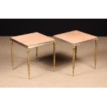 A Pair of Small Square Pink Onyx Marble-topped Brass Side Tables 15" (38 cm) high, 13" (33 cm) wide.