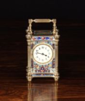 A Small Decorative French Cloisonné & Gilt Brass Carriage Clock, 5" (13 cm) high [handle up].