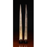 A Pair of Sword Fish Bills Xiphias Gladius, mounted on chrome and black resin display stands,