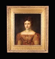 A 19th Century Oil on Canvas: Head & Shoulders Portrait of a Young Brunette wearing a gold necklace