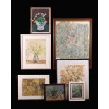 A Group of Seven Framed Pictures: A small gouache painting of trees signed FRANK 57,