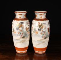 A Pair of Ovoid Kutani Vases decorated with a continuous frieze of birds and flowers on river bank,