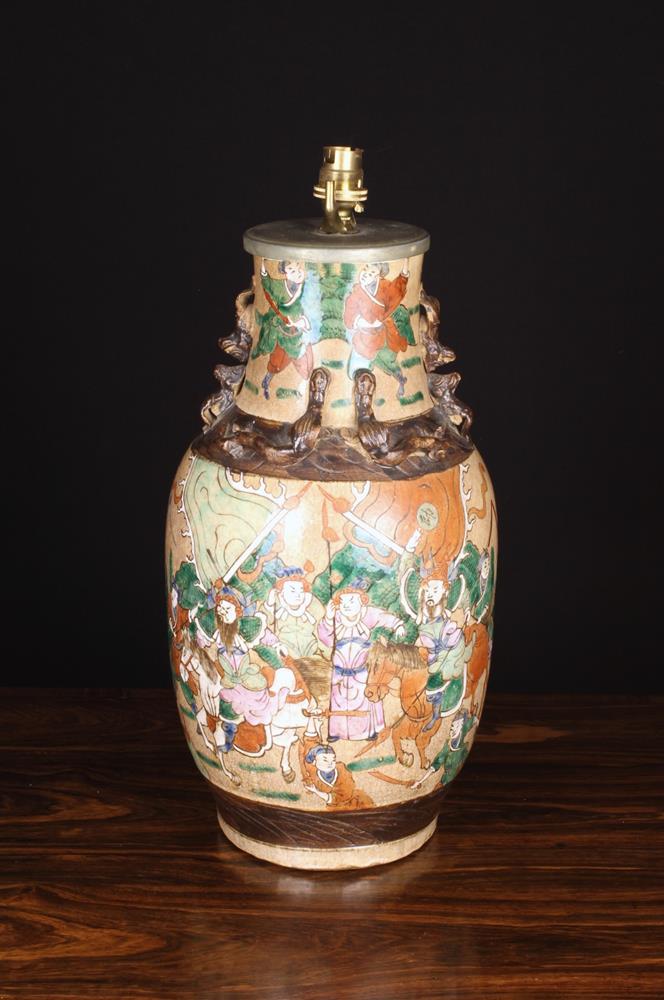 A Famille Vert Style Pot Lamp: The baluster vase enamelled with a battle scene and having an - Image 2 of 2