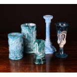 A Group of Malachite Slag Glass: A Davidson marbled teal pedestal-footed vase, 7" (18 cm) in height.