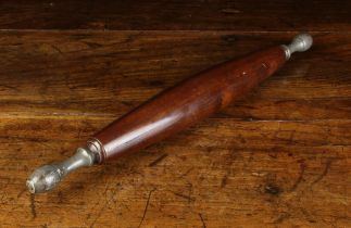 An 18th Century Mahogany Rolling Pin with pewter baluster knop handles, 18" (45.