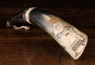 A Fine 19th Century Engraved Horn Powder Flask.