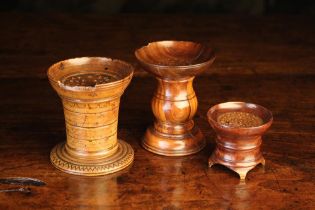 Three Late 18th Century Treen Pounce Pots: A charming diminutive example with detachable perforated