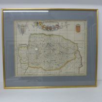 A framed and glazed colored map of Norfolk by Robert Morden from the 1695 or later edition of