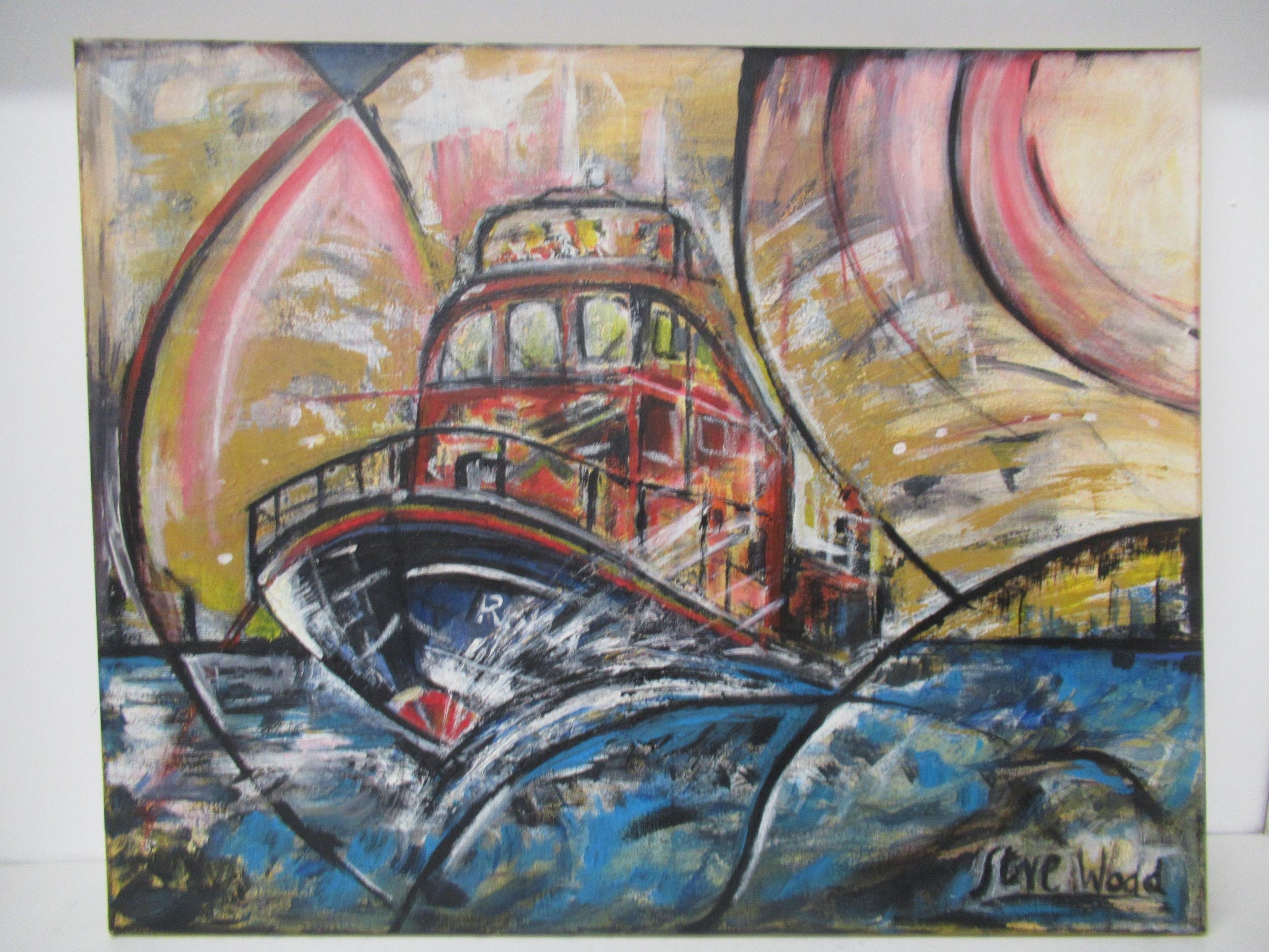 A colourful oil on canvas of an RNLI boat at sea, signed - 76cm x 61cm