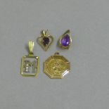 Four gold pendants; two 14ct hallmarked , one with an amethyst, one 18ct hallmarked with an 'M', and