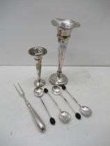 Silver items to include - Two posy vases and coffee bean spoons