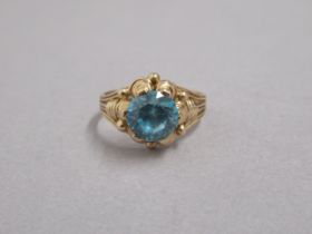 A French 18ct yellow gold hallmarked blue topaz ring, topaz approx 7mm diameter, size L/M, approx