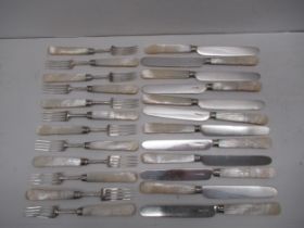 A set of 12 George IV silver and mother of pearl handled dessert forks, Aaron Hadfield Sheffield