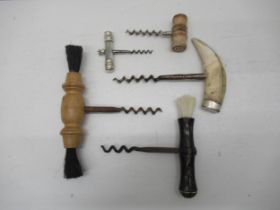 Five corkscrews including a silver mounted bone and mother of pearl