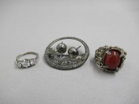 Two silver rings and a silver Scottish brooch