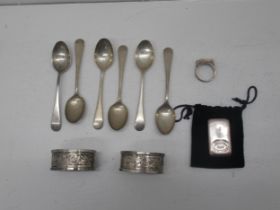 6 silver teaspoons, 2 silver napkin rings and a silver ring, approx 3.5 troy oz, and a 100g