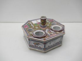A Dresden porcelain inkwell, gilt and hand painted, mark to base, approx 18cm