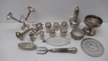 Assorted silver items - cut glass bottles, condiments, coaster, sugar sifter etc