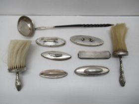 Silver items including a horn handled ladle, 2 brushes and 6 nail buffers