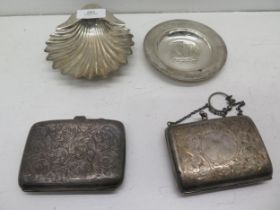 A silver Armada tray, a silver scalloped tray, a silver cigarette case and a silver purse - all