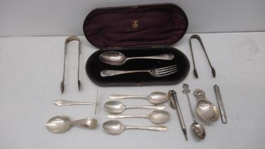 Silver spoons etc including Christening set and caddy spoon - total weight approx 9 troy oz