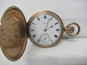 A Waltham gold plated full Hunter pocket watch - case approx 5cm - good overall condition -