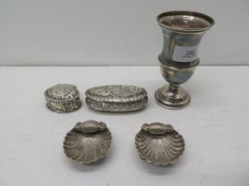 Two Victorian silver boxes, a pair of silver salts and a silver Christening cup - approx total