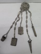 A Victorian plated metal sewing chatelaine - 32cm