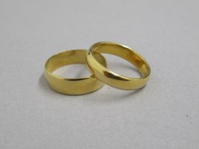 Two 22ct yellow gold hallmarked band rings, sizes K and L/M, approx 7.5 grams