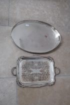 Two Sheffield silver plate trays - larger oval shaped with pierced gallery approx 61cm x 41cm