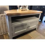 Winchester corner tv unit painted grey with 2 doors. Ex display – Cable holes in back of the