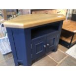 Harrogate corner tv unit. Painted blue with oak top finish. Ex display Solid Wood Frame Cabinet