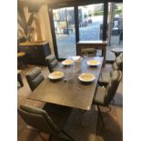 Italian bizzotto designed ceramic table with 6 nobo swivel dining chairs. Chip in table. Ex display