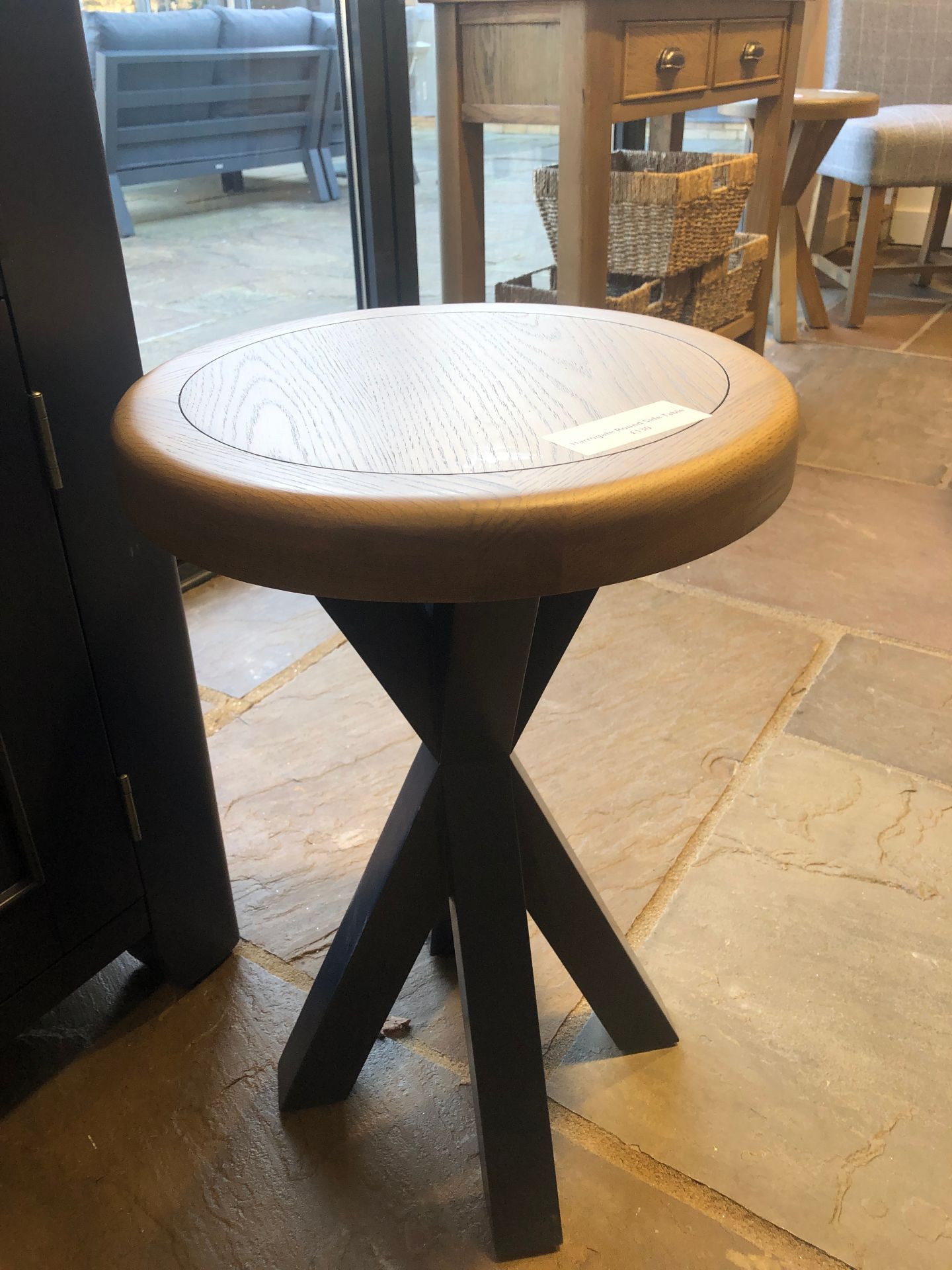 Harrogate round side table. Painted blue with oak top finish. Ex display Solid Wood Frame Cross