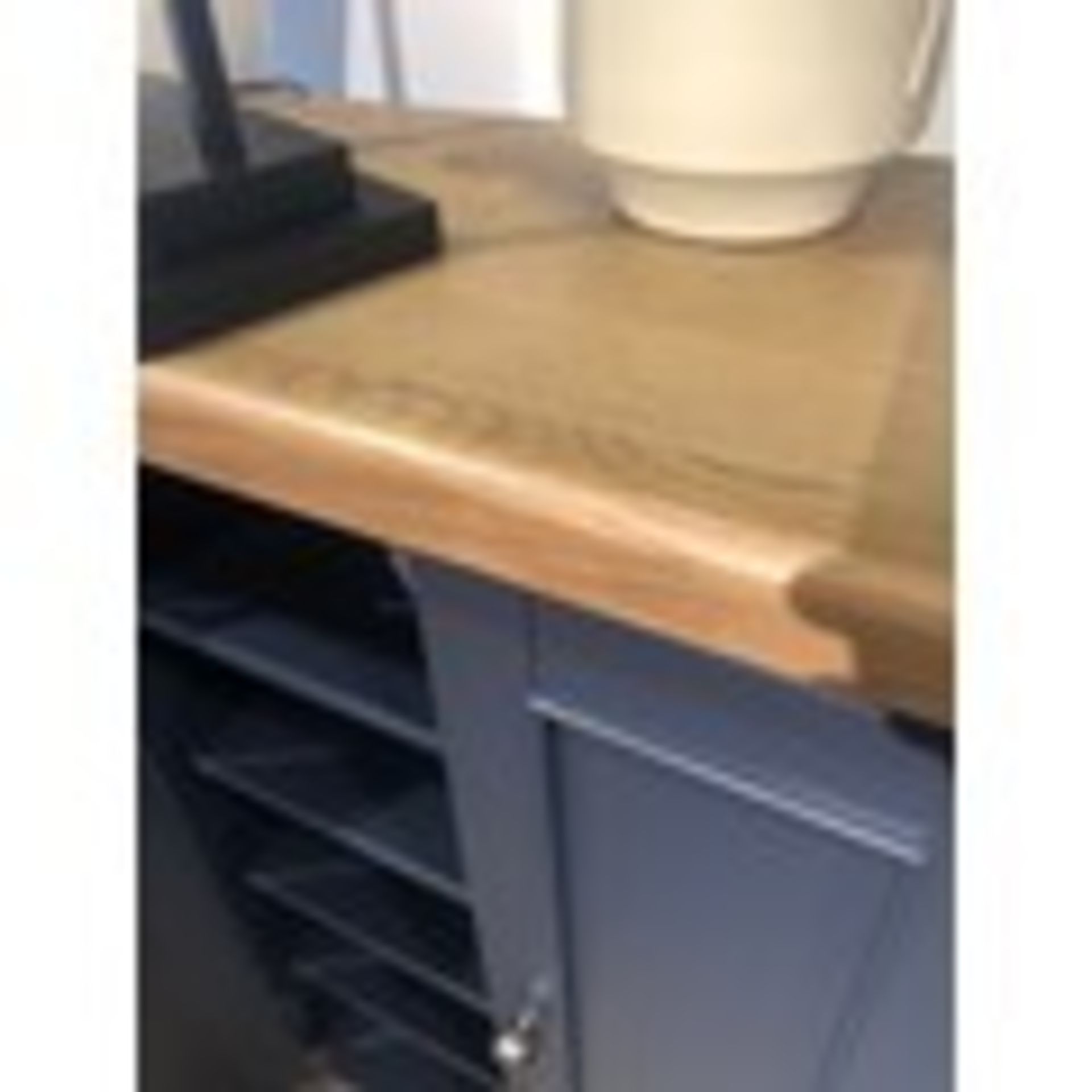 Harrogate shoe cabinet. Pained blue with oak top finish. Ex display Solid Wood Frame 4 Angled Shoe - Image 3 of 3